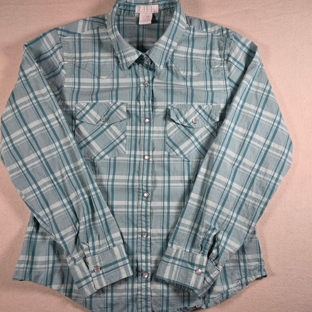 LIFE Womens XL Western Plaid Snap Button Down Shirt Teal White Long Sleeve
